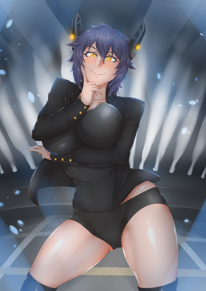 1girl, arm_under_breasts, black_jacket, black_shirt, blue_hair, breasts, chanary, commentary