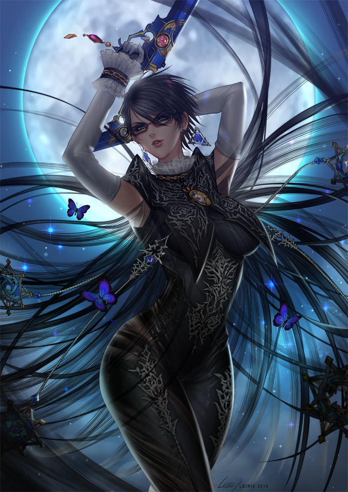 1girl, alternate_hairstyle, arm_up, arms_up, artist_name, bayonetta, bayonetta_(series), bayonetta_2