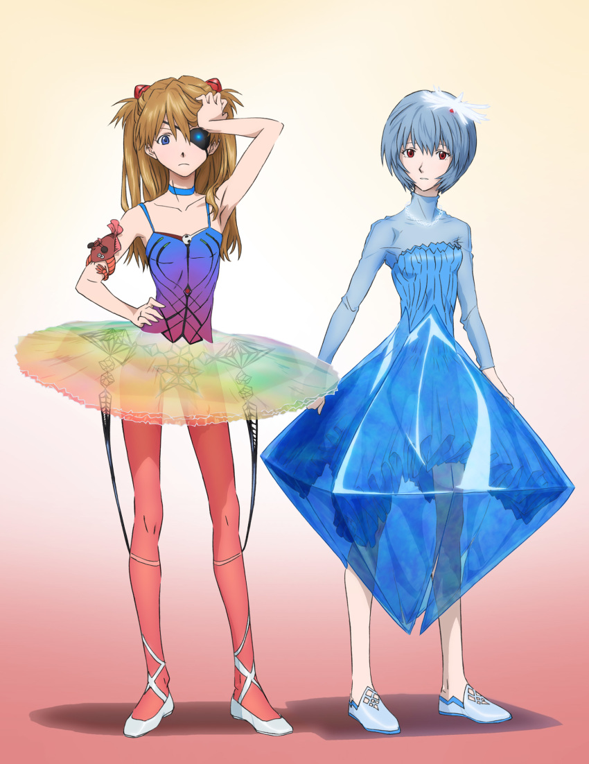 2girls, arael, armisael_(evangelion), armpits, at_field, ayanami_rei, blue_dress, blue_eyes, blue_hair, bodysuit, brown_hair, choker, collar, collarbone, cosplay, dress, eyepatch, female_focus, full_body, hair_ornament, hand_on_head, hand_on_own_hip, headpiece, highres, long_hair, long_sleeves, looking_at_viewer, multiple_girls, neon_genesis_evangelion, ramiel_(cosplay), ramiel_(evangelion), red_eyes, sandalphon_(evangelion), see-through_clothes, seventh_angel_(evangelion_2.0), seventh_angel_(evangelion_2.0)_(cosplay), short_hair, souryuu_asuka_langley, standing, twintails, ysouya