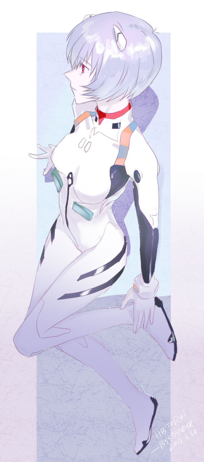 1girl, ayanami_rei, bodysuit, breasts, female_focus, hand_on_ankle, headpiece, highres