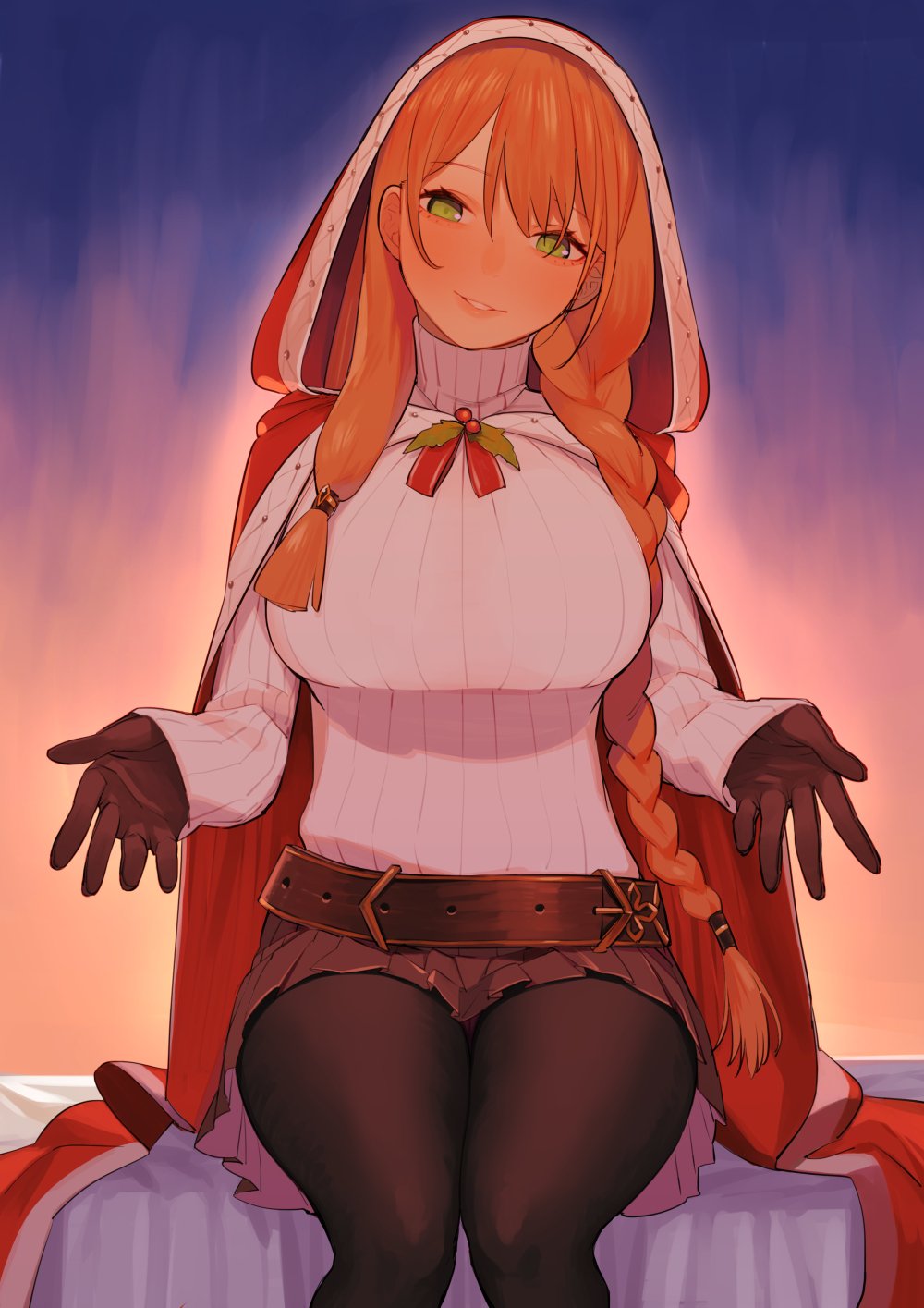 1girl, beijuu, belt, black_gloves, black_pantyhose, braid, breasts, cape, female_focus, girls'_frontline, gloves, green_eyes, hair_between_eyes, hair_over_shoulder, head_tilt, highres, hood, hood_up, large_breasts, long_hair, long_sleeves, looking_at_viewer, official_alternate_costume, orange_hair, pantyhose, pleated_skirt, red_cape, single_braid, sitting, skirt, solo, springfield_(girls'_frontline), springfield_(o_holy_night)_(girls'_frontline), sweater, white_sweater