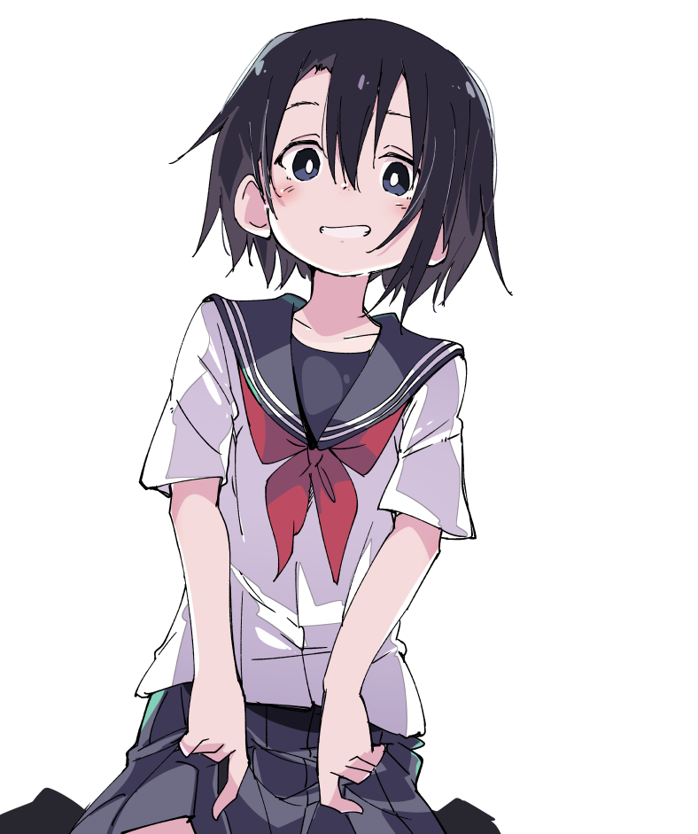 1girl, :d, black_eyes, black_hair, blue_skirt, bow, female_focus, hair_between_eyes