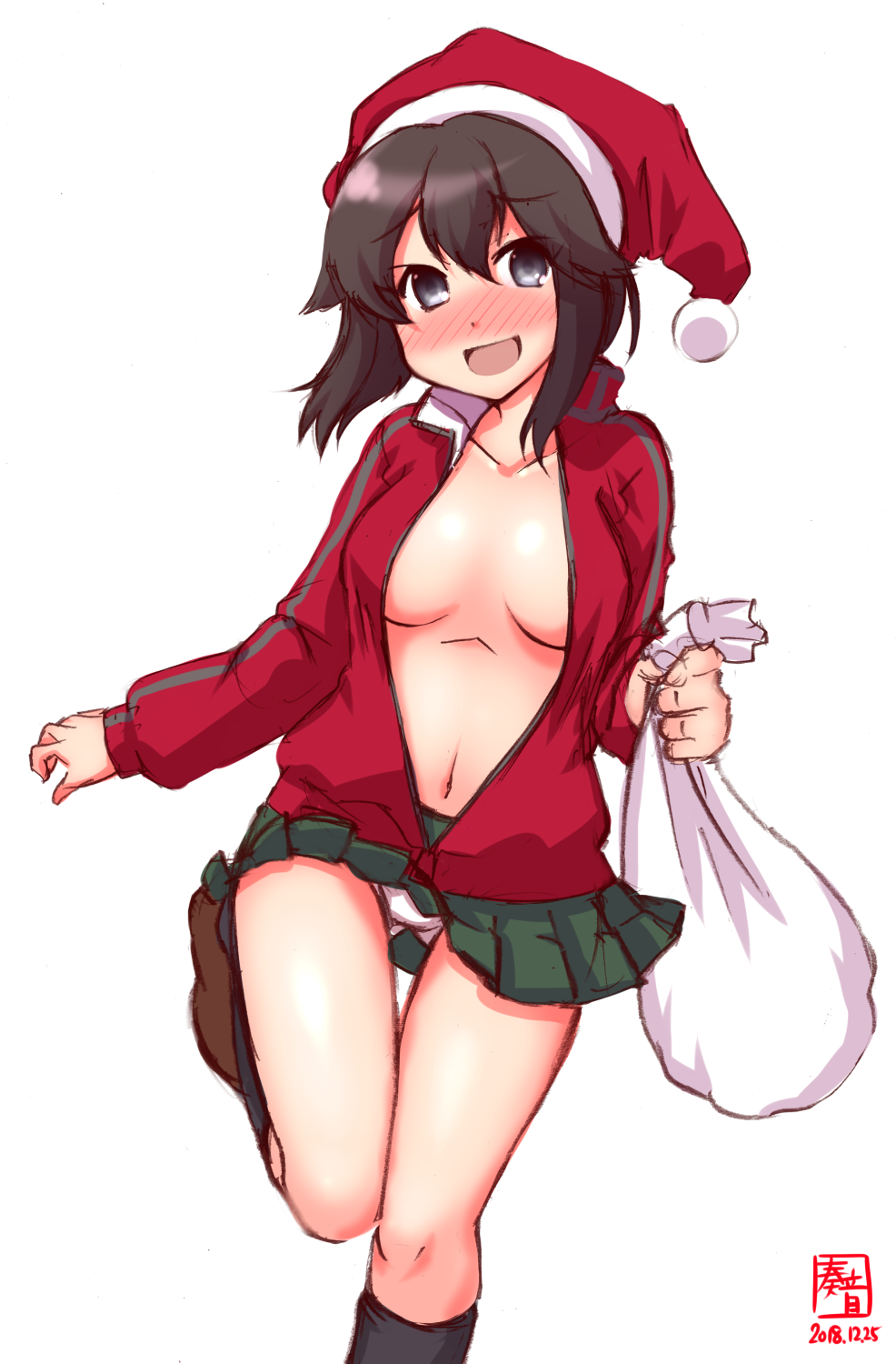 1girl, adapted_costume, alternate_costume, artist_logo, black_hair, black_socks, blush, breasts