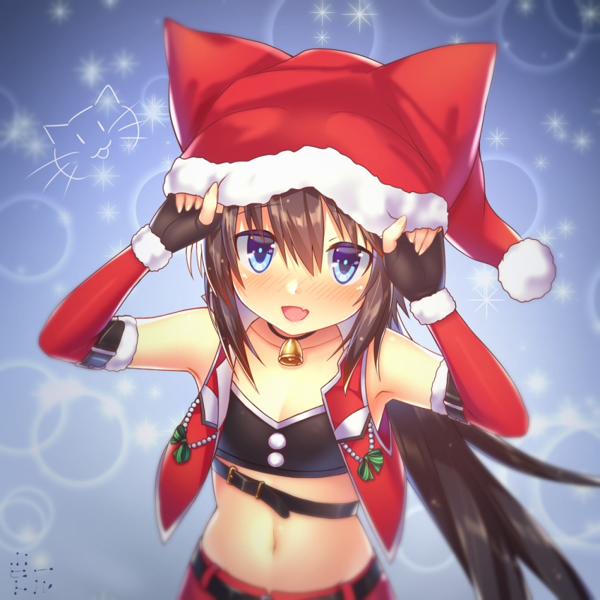 1girl, :d, adjusting_clothes, adjusting_headwear, belt, bettle_(b_s_a_n), black_gloves, blue_background