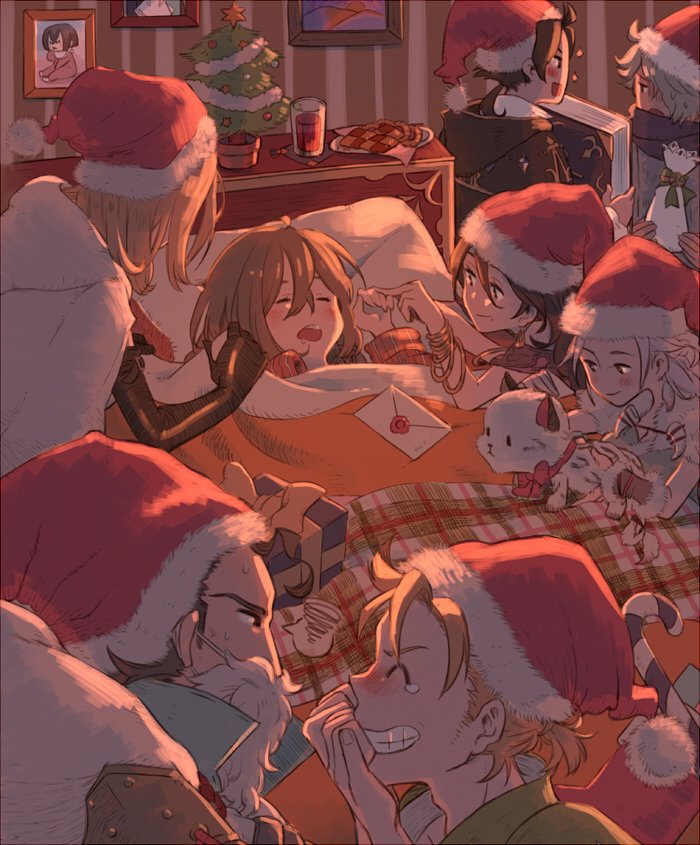 alfyn_(octopath_traveler), animal, baby, bare_shoulders, bed, blonde_hair, blue_eyes, blush, book, breasts, brown_hair, christmas, cyrus_(octopath_traveler), dress, gift, gloves, h'aanit_(octopath_traveler), hair_over_one_eye, hat, irono16, jewelry, linde_(octopath_traveler), long_hair, multiple_boys, necklace, octopath_traveler, octopath_traveler_i, olberic_eisenberg, open_mouth, ophilia_(octopath_traveler), photo_(object), primrose_azelhart, ribbon, santa_hat, scar, short_hair, sleeping, smile, snow_leopard, therion_(octopath_traveler), tressa_(octopath_traveler), white_hair, yellow_eyes