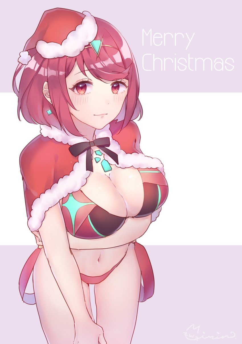 1girl, armor, bare_shoulders, bikini, blush, breasts, cape, christmas