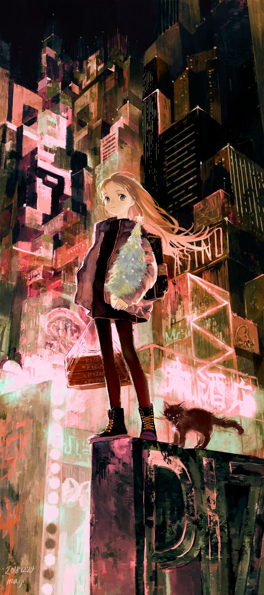 1girl, absurdres, artist_name, backpack, bag, black_cat, black_dress, black_legwear