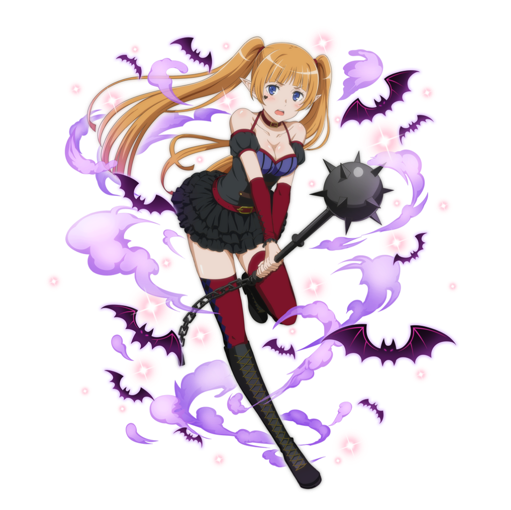 >:o, 1girl, :o, alternate_costume, alternate_hairstyle, bare_shoulders, bat_(animal), belt, black_boots, black_dress, blue_eyes, blunt_bangs, blush, boots, breasts, chain, cleavage, collar, detached_sleeves, dress, dungeon_ni_deai_wo_motomeru_no_wa_machigatteiru_darou_ka, elf, female_focus, floating_hair, frilled_detached_sleeves, frilled_dress, frilled_sleeves, frills, full_body, heart, holding, holding_mace, holding_weapon, lefiya_viridis, long_hair, looking_at_viewer, mace, medium_breasts, official_art, orange_hair, pointy_ears, red_belt, red_collar, red_detached_sleeves, red_thighhighs, round_teeth, shiny_skin, smoke, solo, spiked_weapon, spikes, striped, sword_oratoria, teeth, thighhighs, twintails, upper_teeth_only, weapon