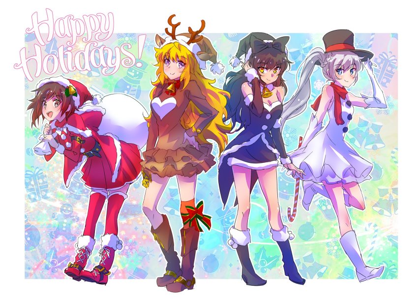 4girls, ahoge, animal_costume, animal_ears, antlers, bag, bare_shoulders, bell