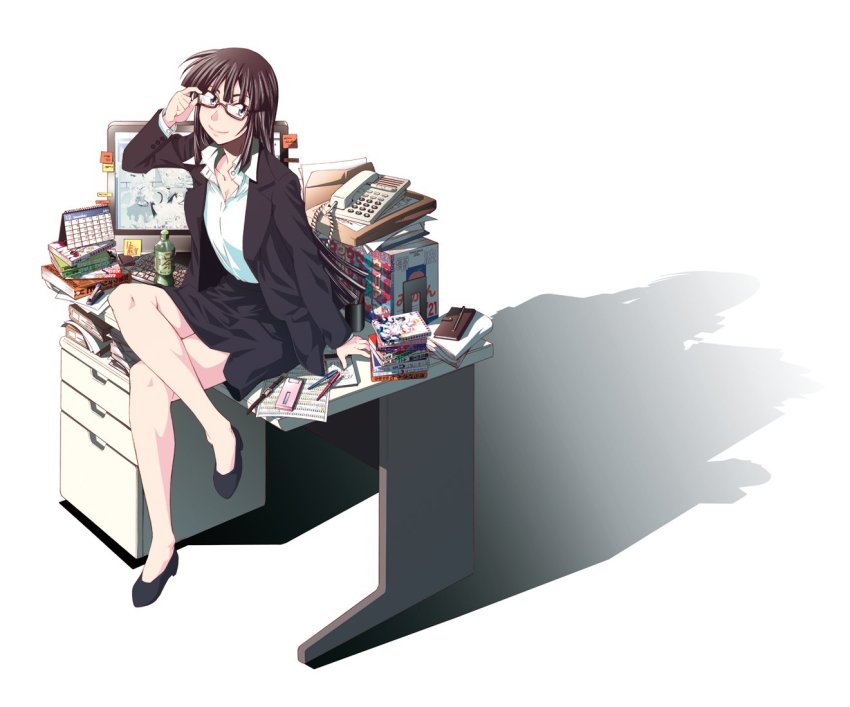 1girl, adjusting_eyewear, asai_(asumithi), black_skirt, brown_hair, business_suit, collared_shirt, crossed_legs, dress_shirt, female_focus, formal_clothes, full_body, glasses, high_heels, kine-san_no_1-ri_de_cinema, kine_machiko, long_hair, looking_at_viewer, miniskirt, office_lady, official_art, pencil_skirt, purple_eyes, red-framed_eyewear, shirt, side_slit, simple_background, sitting, skirt, skirt_suit, smile, solo, suit, teacher, white_background