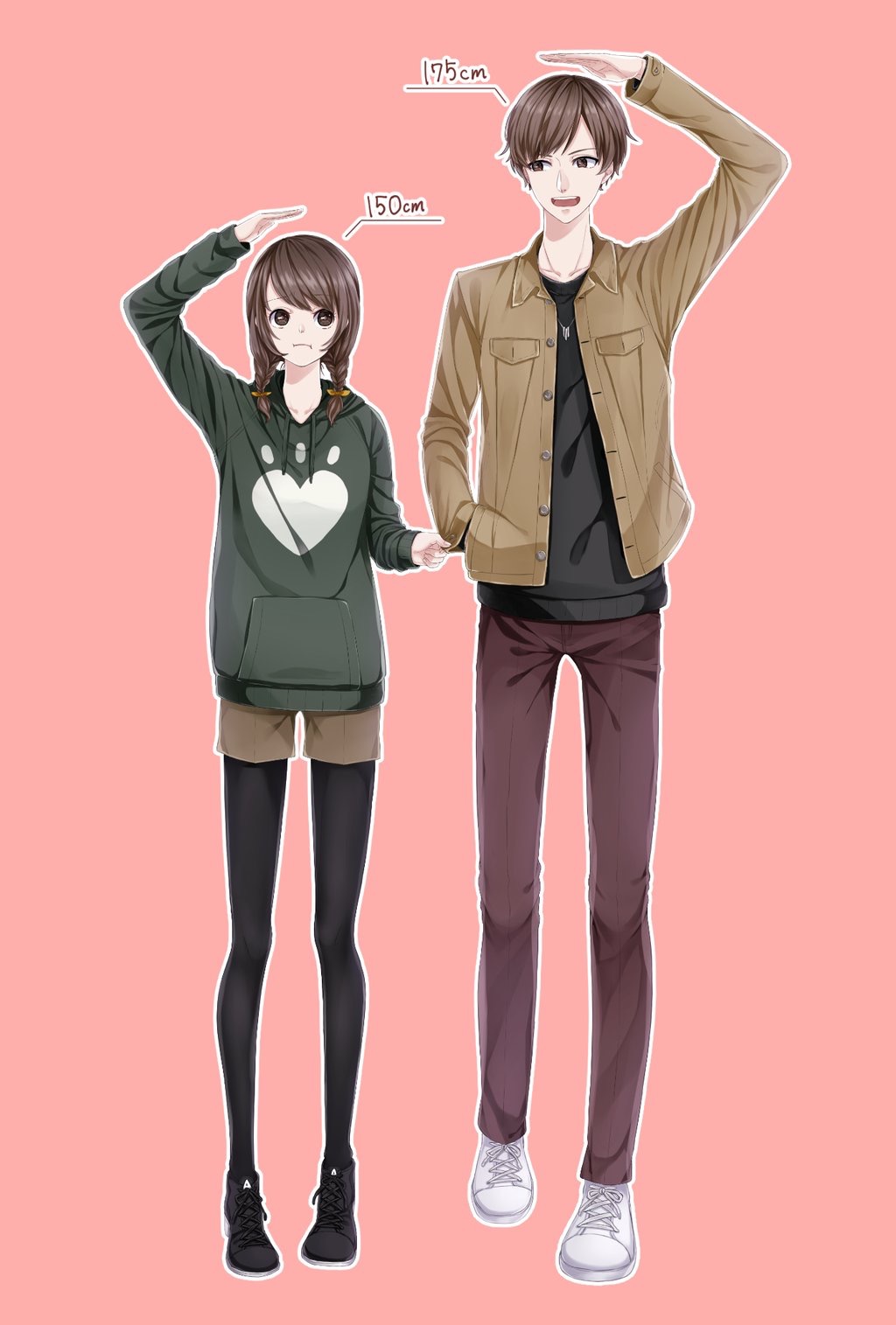 1boy, 1girl, arm_above_head, black_footwear, black_pantyhose, black_shirt, bow, brown_eyes