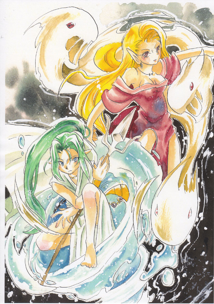 1boy, 1girl, bad_id, bad_pixiv_id, barefoot, blonde_hair, byunei, demon, demon_girl, dress, forneus, ishii, long_hair, pointy_ears, polearm, red_eyes, romancing_saga_3, saga, spear, trident, water, weapon