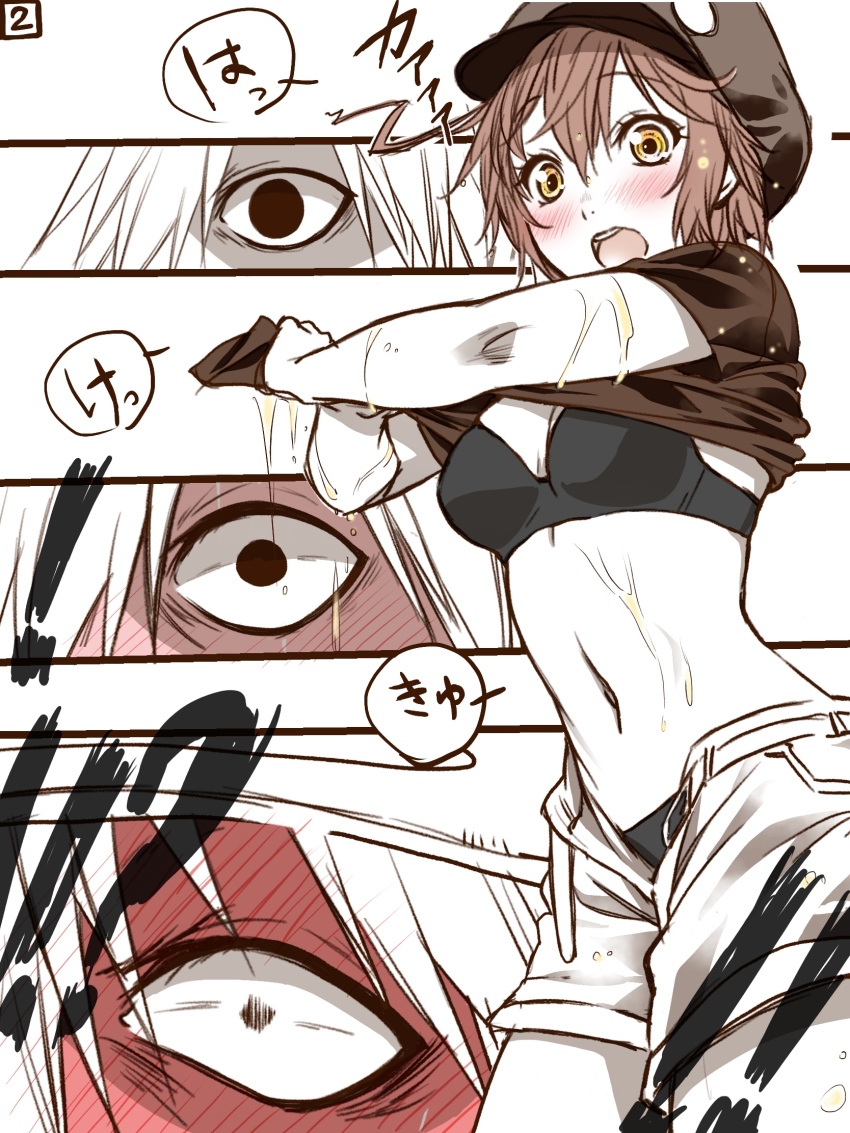 !?, 10s, 1boy, 1girl, ae-3803, ahoge, black_bra, black_eyes, black_panties, blush, bra, breasts, newsboy_cap, cleavage, clothes_lift, comic, cowboy_shot, drying, drying_clothes, embarrassed, full-face_blush, hair_between_eyes, hair_over_one_eye, hat, hataraku_saibou, highres, medium_breasts, midriff, name_tag, navel, nayomi, no_pupils, open_mouth, panties, red_blood_cell_(hataraku_saibou), red_hair, shirt_lift, short_hair, shorts, spot_color, standing, u-1146, underwear, walk-in, wet, wet_clothes, white_blood_cell_(hataraku_saibou), yellow_eyes