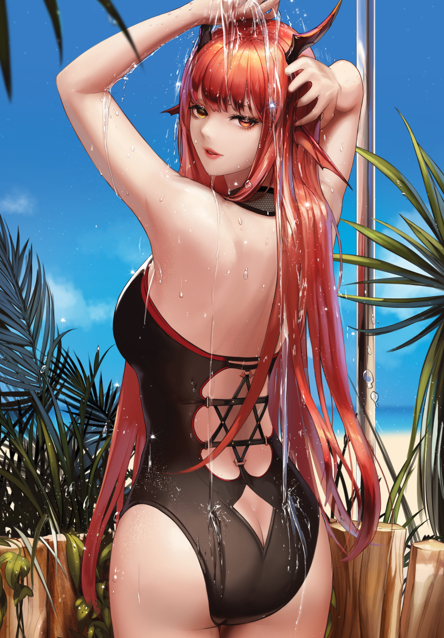 1girl, animal_ears, ass, ass_cutout, bare_arms, bare_back, bare_shoulders, beach