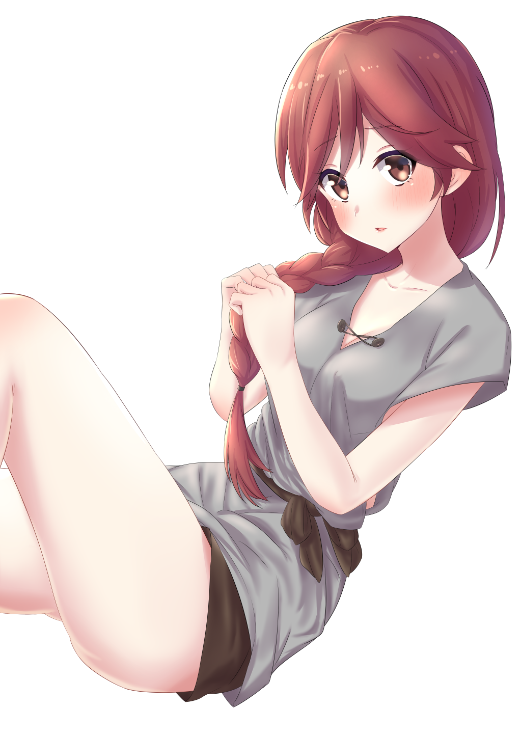 1girl, black_ribbon, black_shorts, blouse, braid, braided_ponytail, breasts, brown_eyes, brown_hair, cleavage, collarbone, female_focus, grey_shirt, hai_to_gensou_no_grimgar, hair_between_eyes, hair_over_shoulder, highres, long_hair, looking_at_viewer, miyazumi, ribbon, shirt, short_shorts, short_sleeves, shorts, simple_background, single_braid, sitting, small_breasts, solo, tunic, tying_hair, white_background, yume_(grimgar)