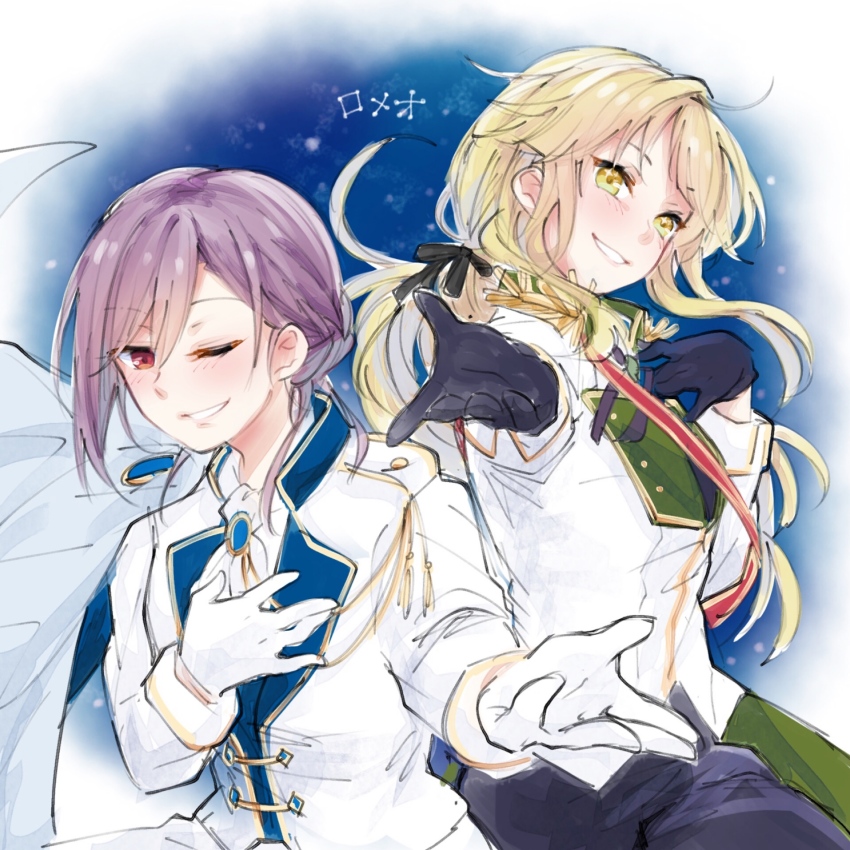 2girls, ascot, bang_dream!, bang_dream!_girls_band_party!, black_gloves, black_ribbon, blonde_hair, brooch