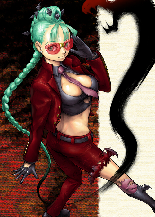 1girl, braid, breasts, capcom, cleavage, cosplay, crimson_viper, crimson_viper_(cosplay), darkstalkers, fauxhawk, female_focus, glasses, gloves, green_eyes, green_hair, kari_(artist), matching_hair/eyes, midriff, morrigan_aensland, pompadour, red-tinted_eyewear, red-tinted_glasses, solo, street_fighter, sunglasses, tinted_eyewear, visor