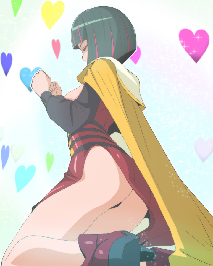 10s, 1girl, black_panties, bob_cut, boots, cape, closed_eyes, female_focus, gelos_(precure), green_hair, haruyama_kazunori, heart, heart_background, hugtto!_precure, kneeling, legs, long_sleeves, multicolored_hair, panties, pantyshot, pink_hair, precure, red_boots, short_hair, solo, streaked_hair, thighs, underwear, yellow_cape