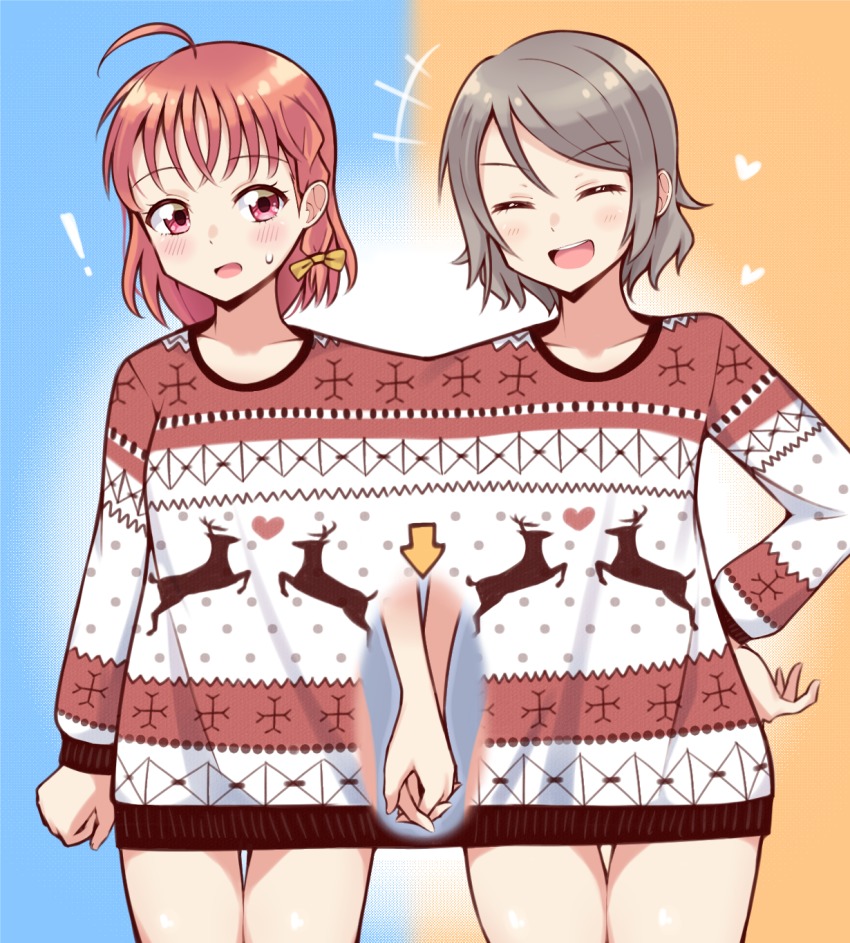 !, +++, 2girls, :d, ahoge, arrow_(symbol), blue_background, blush