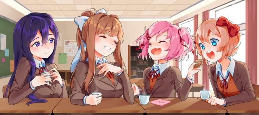 4girls, ^_^, blue_eyes, blush, bookshelf, bow, calendar_(object), chair, classroom, closed_eyes, collar, commission, cookie, cup, curtains, doki_doki_literature_club, fang, food, hair_between_eyes, hair_bow, holding, holding_cup, holding_food, indoors, klaeia, long_hair, long_sleeves, monika_(doki_doki_literature_club), multiple_girls, natsuki_(doki_doki_literature_club), neck_ribbon, open_mouth, orange_hair, pink_hair, ponytail, purple_eyes, purple_hair, red_bow, red_ribbon, ribbon, sayori_(doki_doki_literature_club), school_uniform, short_hair, table, tea, teacup, two_side_up, white_bow, white_collar, window, yuri_(doki_doki_literature_club)
