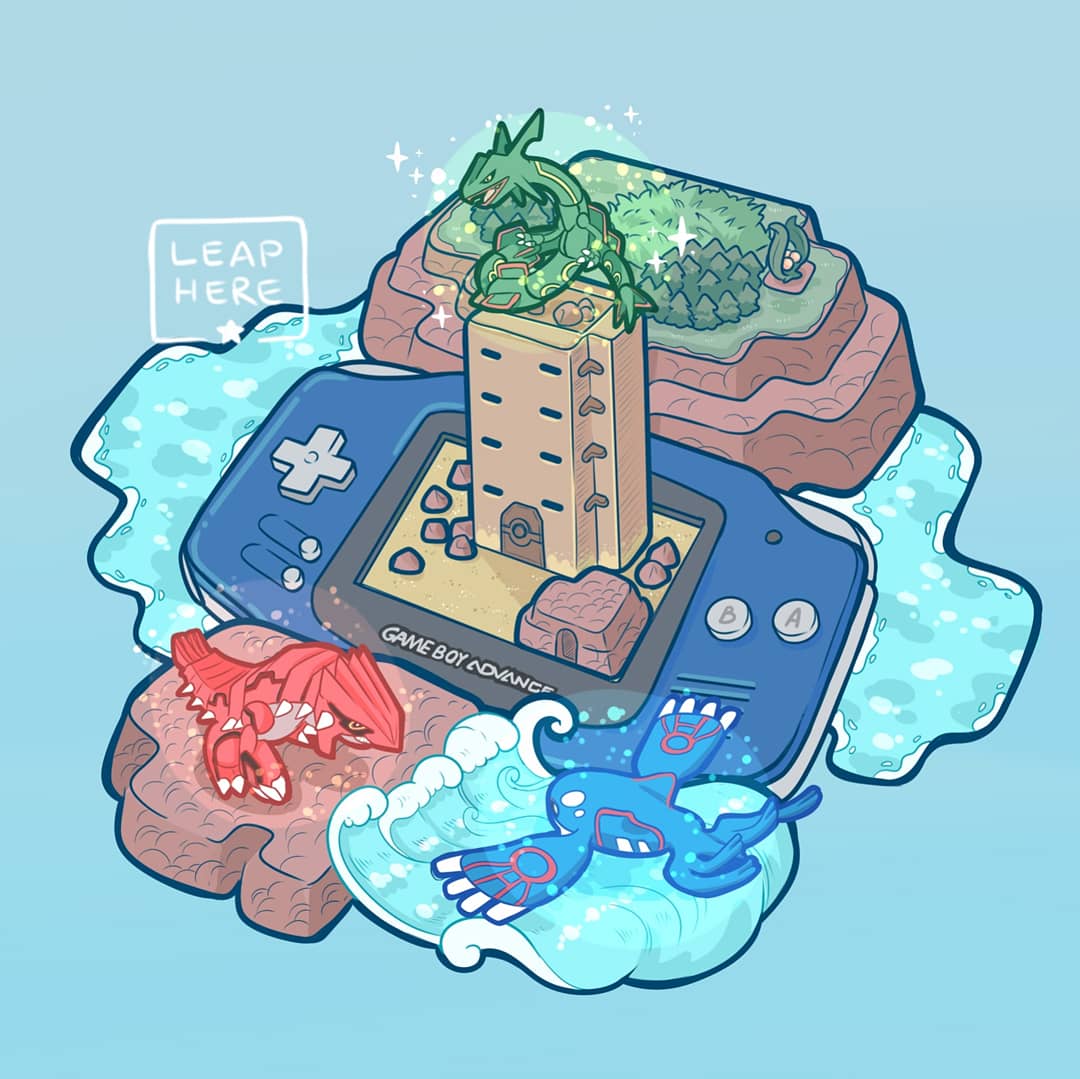 blue_background, cave, creature, door, eye_contact, game_boy_advance, game_boy_advance_(original), gen_3_pokemon, grass, groudon, handheld_game_console, kyogre, leaphere, legendary_pokemon, looking_at_another, nintendo, no_humans, ocean, pokemon, pokemon_(creature), pokemon_ruby/sapphire/emerald, rayquaza, simple_background, sky_pillar, tower, tree, water