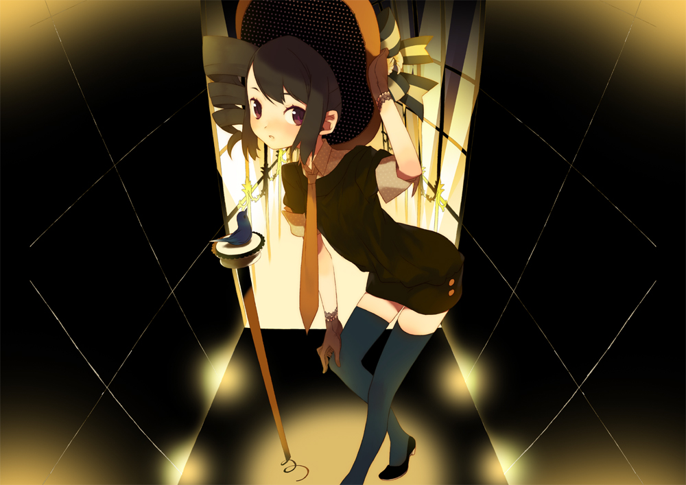bad_id, bad_pixiv_id, bird, black_hair, black_thighhighs, dress, drill_hair, gloves