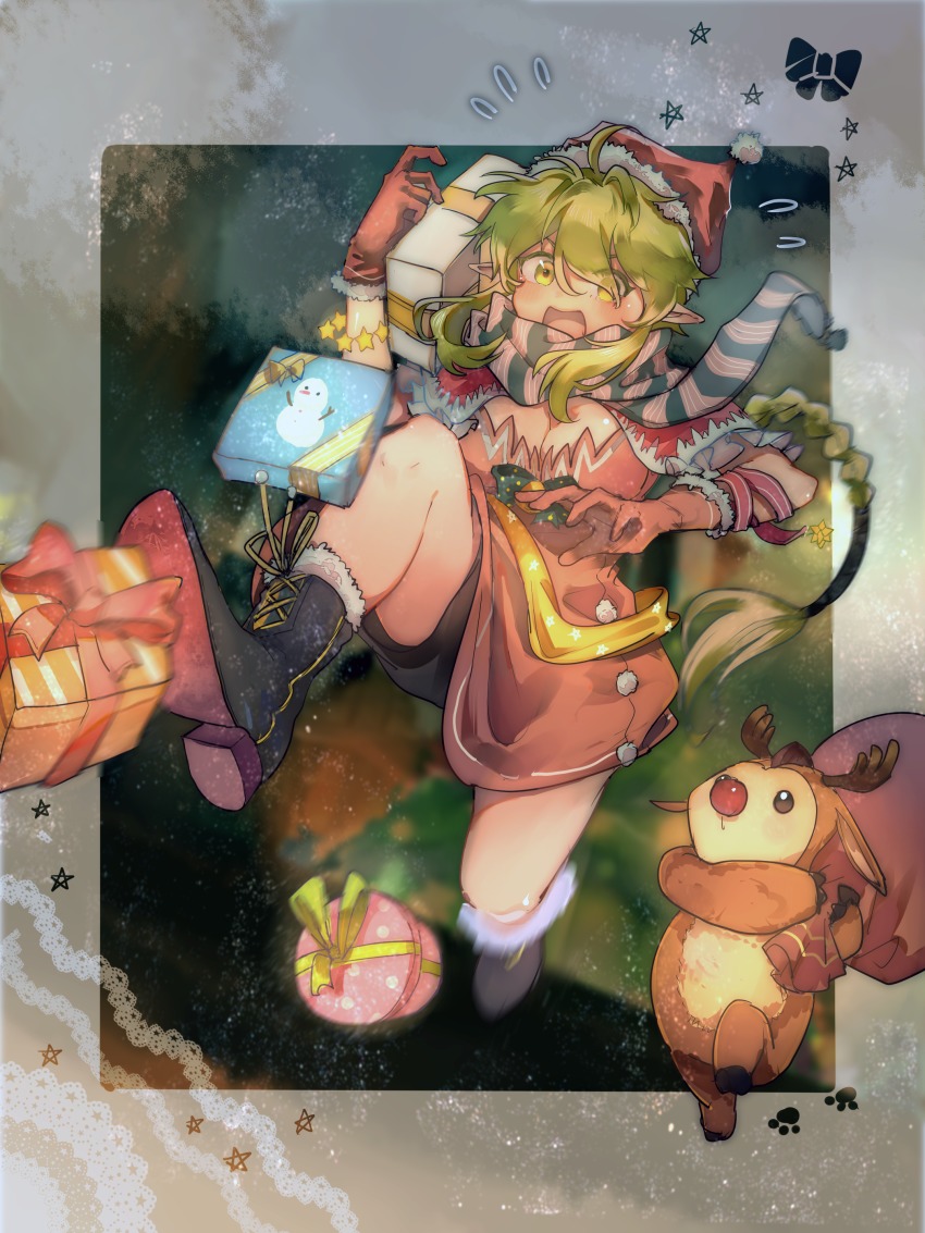 1girl, absurdres, animal_costume, bag, box, braid, breasts, christmas