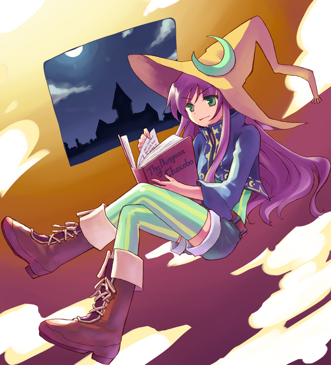 1girl, black_mage_(final_fantasy), book, boots, cosplay, croma, croma_(cosplay), faris_scherwiz, female_focus, final_fantasy, final_fantasy_fables, final_fantasy_v, green_eyes, green_thighhighs, hat, long_hair, purple_hair, short_shorts, shorts, solo, striped_clothes, striped_thighhighs, thighhighs, udon_(memai_no_kabe), vertical-striped_clothes, vertical-striped_thighhighs, witch_hat