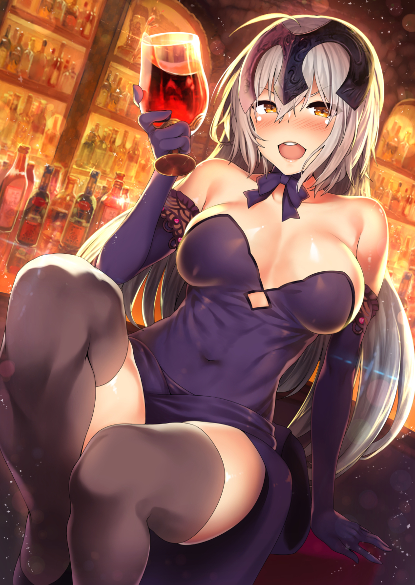 1girl, ahoge, alcohol, bar_(place), bare_shoulders, black_dress, black_gloves, black_thighhighs