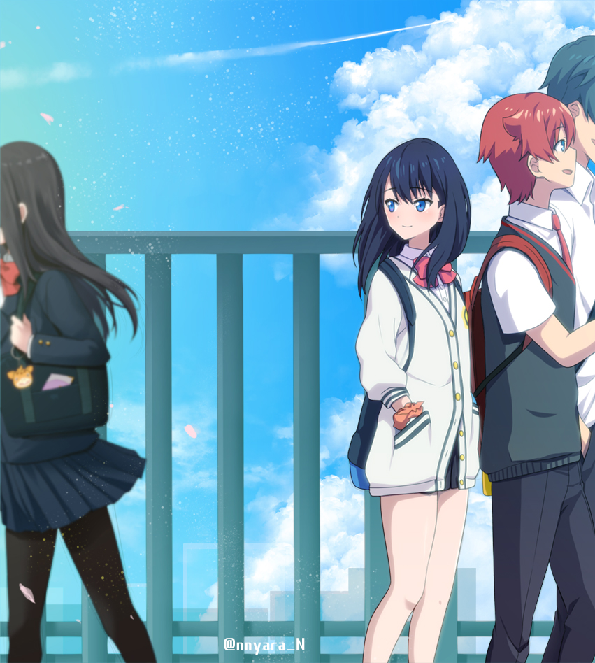 10s, 2boys, 2girls, black_hair, blazer, blue_eyes, bow, cloud