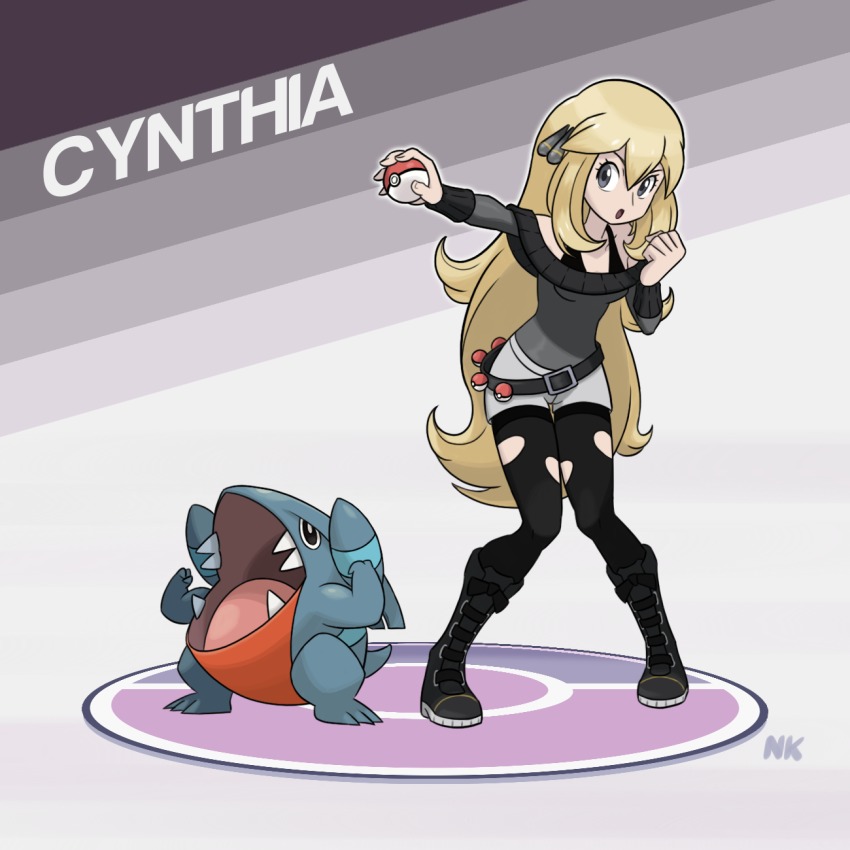 aged_down, alternate_costume, belt, black_legwear, blonde_hair, boots, character_name, cynthia_(pokemon), english_text, full_body, gen_4_pokemon, gible, hair_between_eyes, highres, knees_together_feet_apart, long_hair, nintendo, off_shoulder, pantyhose, poke_ball, poke_ball_(basic), pokemon, pokemon_(creature), pokemon_diamond/pearl/platinum, short_shorts, shorts, standing, thegraffitisoul, torn_clothes, torn_legwear, v-shaped_eyebrows, very_long_hair