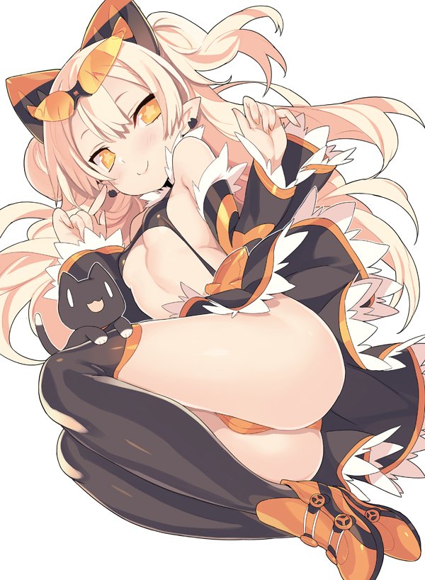 1girl, animal, ass, bare_shoulders, black_cat, black_skirt, black_sleeves, black_thighhighs