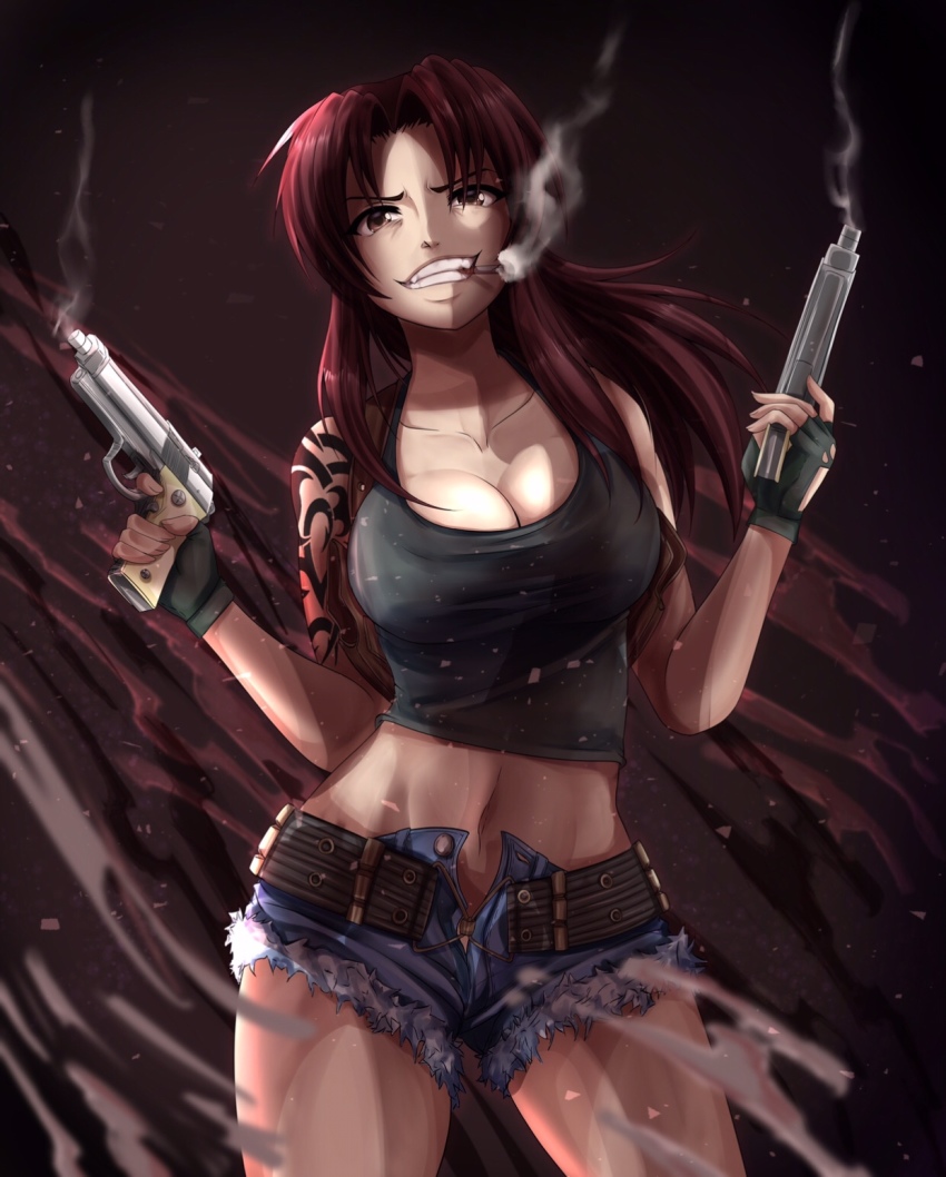 1girl, beretta_92, black_lagoon, brown_eyes, brown_hair, cigarette, cutoffs, denim, denim_shorts, dual_wielding, female_focus, fingerless_gloves, gloves, grin, gun, handgun, highres, holding, holster, maen.chan, pistol, ponytail, revy_(black_lagoon), shorts, shoulder_holster, smile, smoking, solo, tank_top, tattoo, weapon