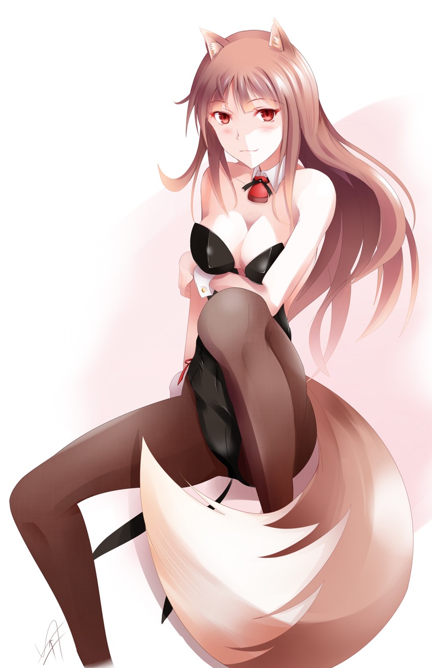 1girl, animal_ears, bare_shoulders, blush, breast_hold, breasts, brown_hair, detached_collar