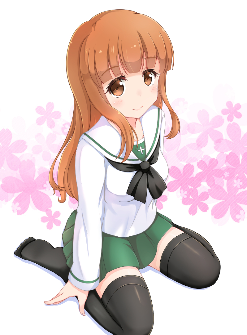 10s, 1girl, black_neckwear, black_thighhighs, blunt_bangs, blush, breasts, closed_mouth