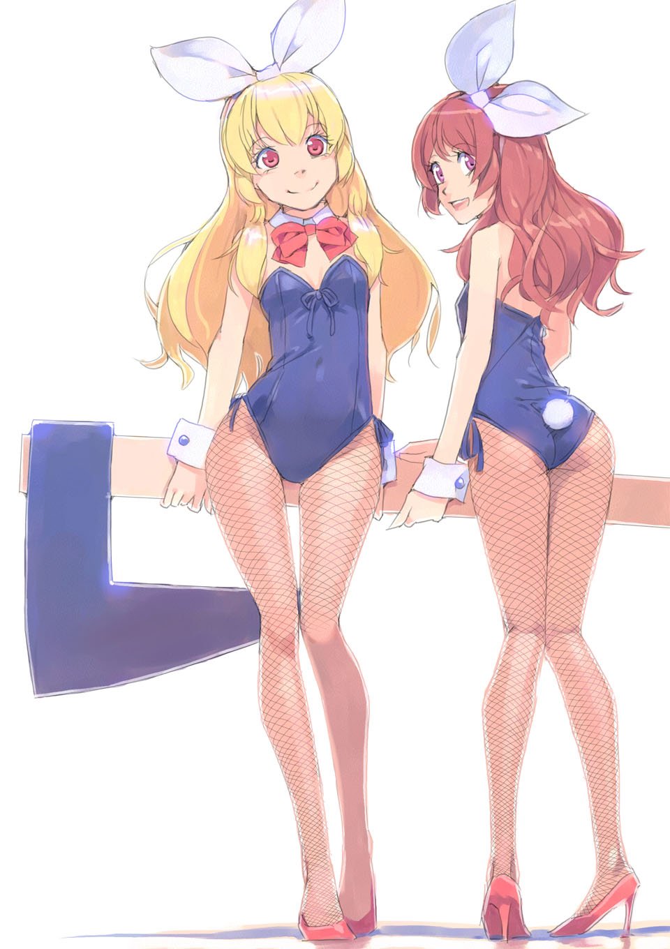 2girls, aikatsu!, aikatsu!_(series), akinbo_(hyouka_fuyou), axe, black_leotard, blonde_hair, bow