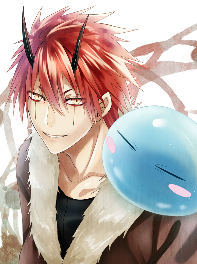 10s, 1boy, benimaru_(tensura), blush_stickers, collarbone, hair_between_eyes, horns, koukinb210, looking_at_viewer, male_focus, red_hair, rimuru_tempest, slime_(creature), smile, tensei_shitara_slime_datta_ken, white_background, yellow_eyes