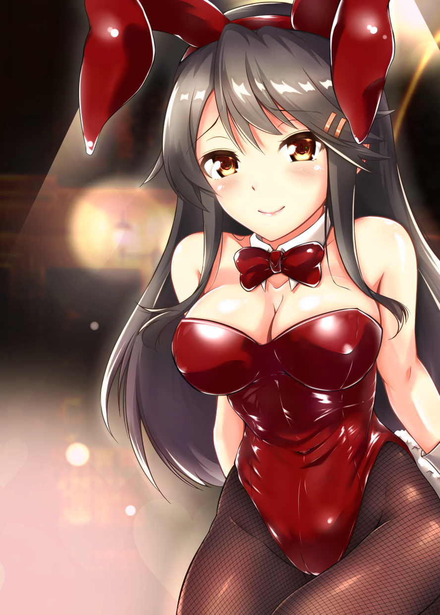 1girl, animal_ears, bare_shoulders, black_hair, bow, bowtie, breasts, brown_eyes, brown_pantyhose, cleavage, collarbone, covered_navel, cowboy_shot, detached_collar, fake_animal_ears, female_focus, fishnet_pantyhose, fishnets, hair_between_eyes, hair_ornament, hairclip, haruna_(kancolle), highres, indoors, kantai_collection, kumichou_(nakasato-gumi), leaning_forward, leotard, light_particles, long_hair, medium_breasts, pantyhose, playboy_bunny, rabbit_ears, rabbit_tail, red_bow, red_bowtie, red_leotard, red_ribbon, ribbon, solo, strapless, strapless_leotard, tail, wrist_cuffs