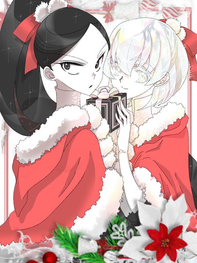 2others, alternate_costume, alternate_hairstyle, androgynous, black_eyes, black_hair, bort, capelet