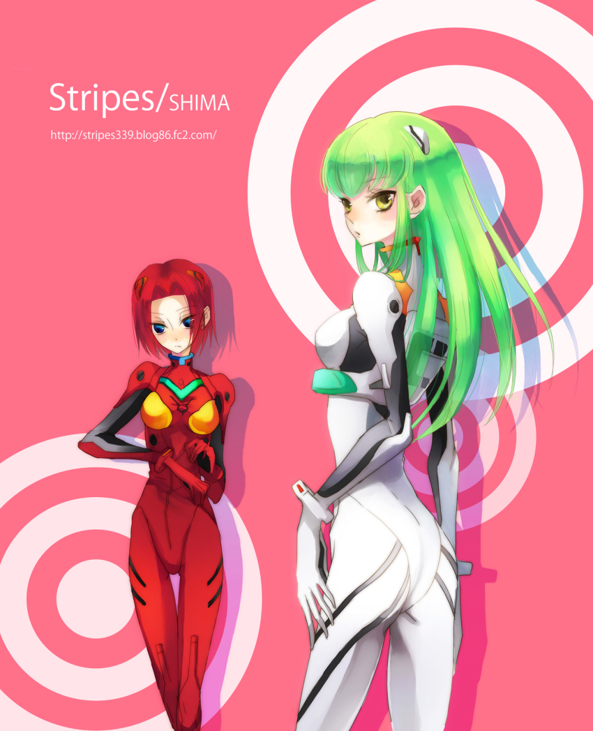 2girls, ass, ayanami_rei, ayanami_rei_(cosplay), bad_id, bad_pixiv_id, blue_eyes, blush, bodysuit, brown_eyes, c.c., code_geass, cosplay, green_hair, highres, kouzuki_kallen, long_hair, mecha_pilot_suit, multiple_girls, neon_genesis_evangelion, plugsuit_(evangelion), red_hair, shima, shima_(h8222-9902m), short_hair, souryuu_asuka_langley, souryuu_asuka_langley_(cosplay)