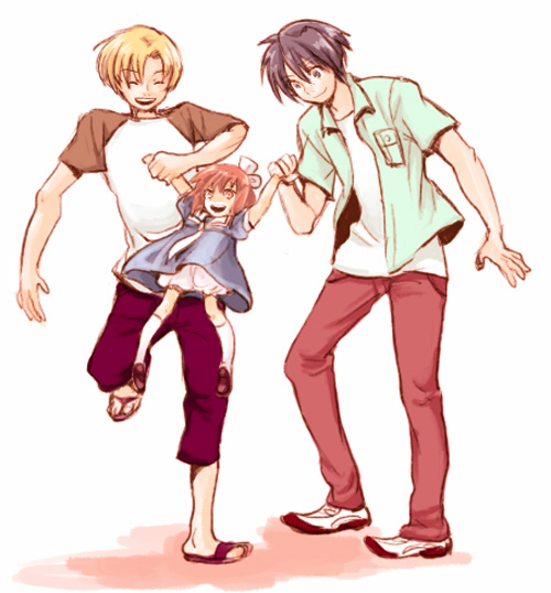 00s, 1girl, 2boys, ^_^, blonde_hair, bloomers, blue_hair, brown_hair