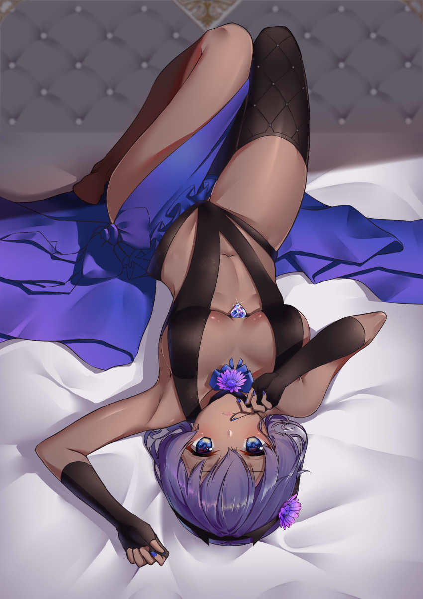 1girl, absurdres, arm_up, asymmetrical_legwear, bare_legs, bare_shoulders, barefoot, bed_sheet