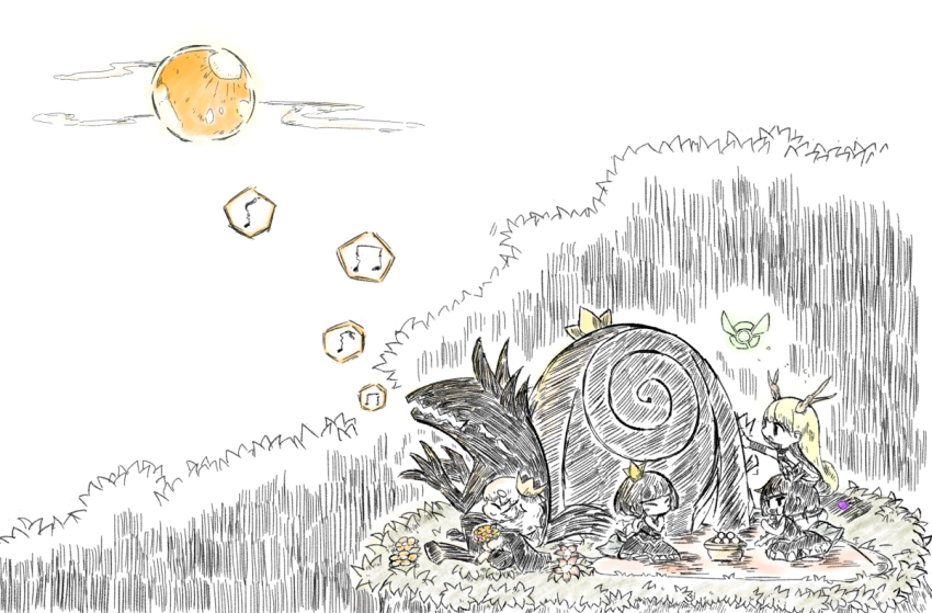 1boy, 4girls, antlers, beamed_eighth_notes, blanc_(rose_to_tasogare_no_kojou), blind_prince, blonde_hair, blush_stickers