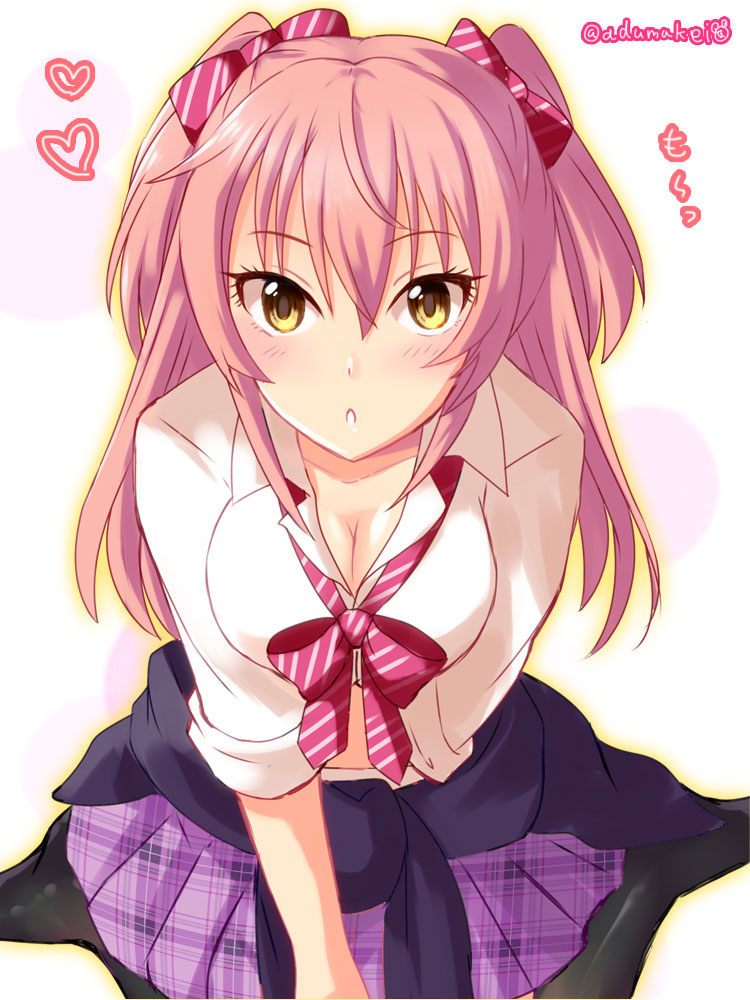 1girl, azuma_kei, black_pantyhose, blush, bow, bowtie, breasts, cleavage