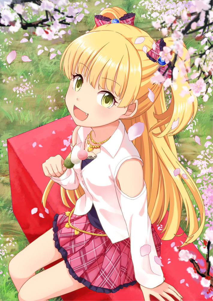 1girl, :d, azuma_kei, blonde_hair, bow, clothing_cutout, dango, dress_shirt