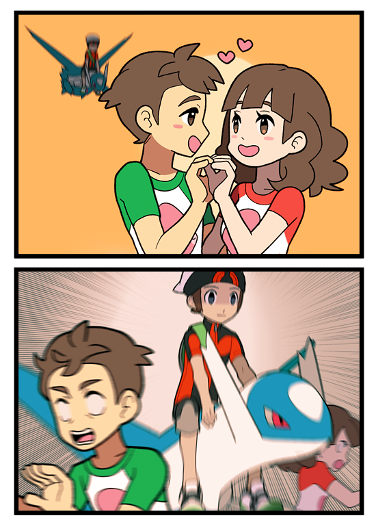 1girl, 2boys, 2koma, :d, blush_stickers, brendan_(pokemon), brown_background, brown_eyes