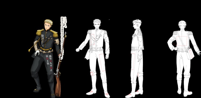 1boy, antique_firearm, armor, belt, black_footwear, blonde_hair, boots, buttons, reference_sheet, epaulettes, firearm, firelock, from_behind, frown, full_body, gauntlets, geweer_(senjuushi), gloves, gun, hand_on_own_hip, head_tilt, highres, holding, holding_gun, holding_weapon, lineart, majiro_(mazurka), male_focus, military, military_uniform, monochrome, multiple_views, official_art, rifle, scar, scar_on_face, senjuushi:_the_thousand_noble_musketeers, senjuushi_(series), short_hair, single_gauntlet, standing, translation_request, transparent_background, turnaround, undercut, weapon, white_gloves