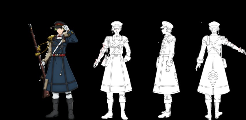 1boy, adjusting_clothes, adjusting_headwear, aiguillette, antique_firearm, aqua_eyes, armor, black_footwear