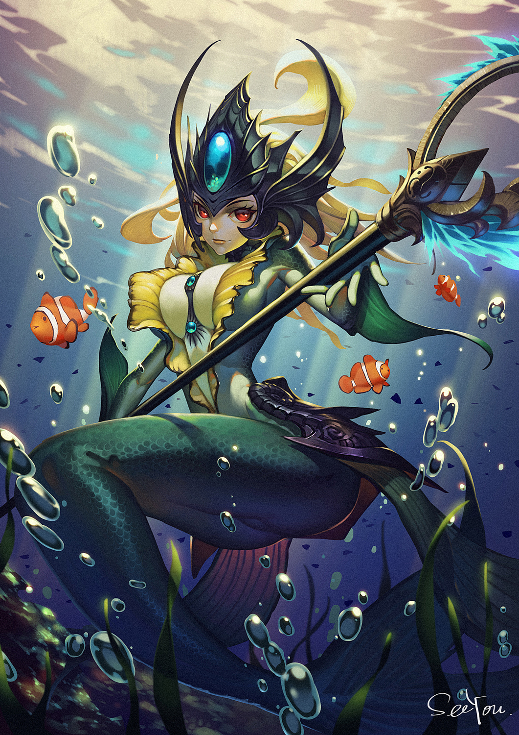 1girl, artist_name, blonde_hair, breasts, bubble, center_opening, clownfish, colored_skin, female_focus, fish, forehead_jewel, green_skin, helmet, highres, large_breasts, league_of_legends, mermaid, monster_girl, nami_(league_of_legends), red_eyes, see_you, smile, solo, staff, tropical_fish, underwater