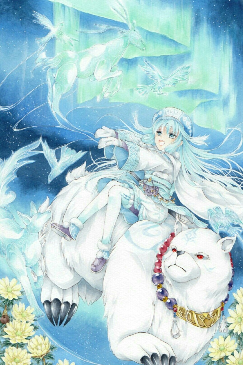 1girl, ainu_clothes, aurora, bear, bird, blue_eyes, blue_hair, deer